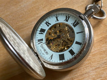 Load image into Gallery viewer, Danbury Mens Silver Full Hunter Skeleton Roman Dial Hand-Wind Pocket Watch Hours