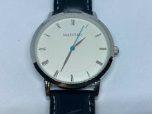 Load image into Gallery viewer, Unused MAESTRO Men Silver White Roman Leather Analog Quartz Watch Hours~New Batt