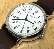 Load image into Gallery viewer, Timex Weekender Men Silver White Leather Band Analog Quartz Watch Hours~New Batt
