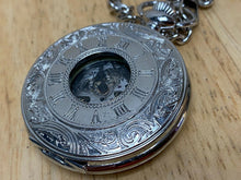 Load image into Gallery viewer, Nice Winner Mens Silver Half Hunter Roman Skeleton Hand-Wind Pocket Watch Hours
