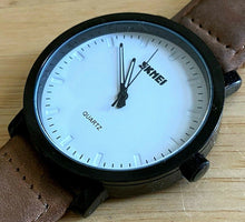 Load image into Gallery viewer, SKMEI Mens 30m Black White Leather Band Analog Quartz Watch Hours~New Battery
