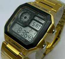 Load image into Gallery viewer, SKMEI Mens 50m Gold-Black Square Digital Alarm Chrono Watch Hours~New Battery