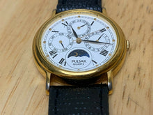 Load image into Gallery viewer, Vintage Pulsar Men Gold Tone Triple Date Moon Phase Quartz Watch Hour~New Batter