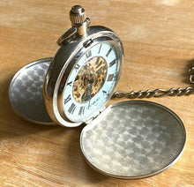 Load image into Gallery viewer, Danbury Mens Silver Full Hunter Skeleton Roman Dial Hand-Wind Pocket Watch Hours