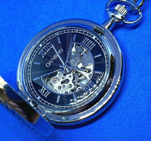 Load image into Gallery viewer, Danbury Men Half Hunter Silver Black Roman Skeleton Hand-Wind Pocket Watch Hours
