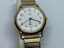 Load image into Gallery viewer, Vintage Timex Men Classic Gold-White Rounded Analog Quartz Watch Hour~New Batter
