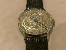 Load image into Gallery viewer, VTG Half Dollar Coin Style Men Silver Leather Hand-Wind Mechanical Watch Hours