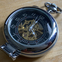 Load image into Gallery viewer, Unbranded Mens Silver Black Skeleton Hand-Wind Mechanical Half Hunter Pocket Watch Hours