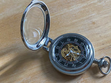 Load image into Gallery viewer, Unbranded Mens Silver Black Skeleton Hand-Wind Mechanical Half Hunter Pocket Watch Hours