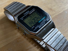 Load image into Gallery viewer, Timex Indiglo Mens Silver Black Stretch Digital Quartz Alarm Chronograph Watch Hours~New Battery