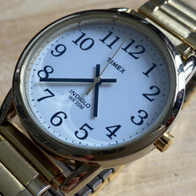 Load image into Gallery viewer, Timex Indiglo Mens 30m WR Classic Gold Tone White Stretch Band Analog Quartz Watch Hours~New Battery