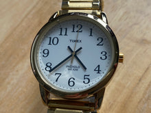 Load image into Gallery viewer, Timex Indiglo Mens 30m WR Classic Gold Tone White Stretch Band Analog Quartz Watch Hours~New Battery