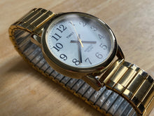 Load image into Gallery viewer, Timex Indiglo Mens 30m WR Classic Gold Tone White Stretch Band Analog Quartz Watch Hours~New Battery