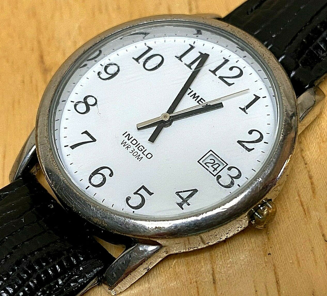 Timex Mens 30m Silver White Leather Analog Quartz Watch Hours~Date~New Battery