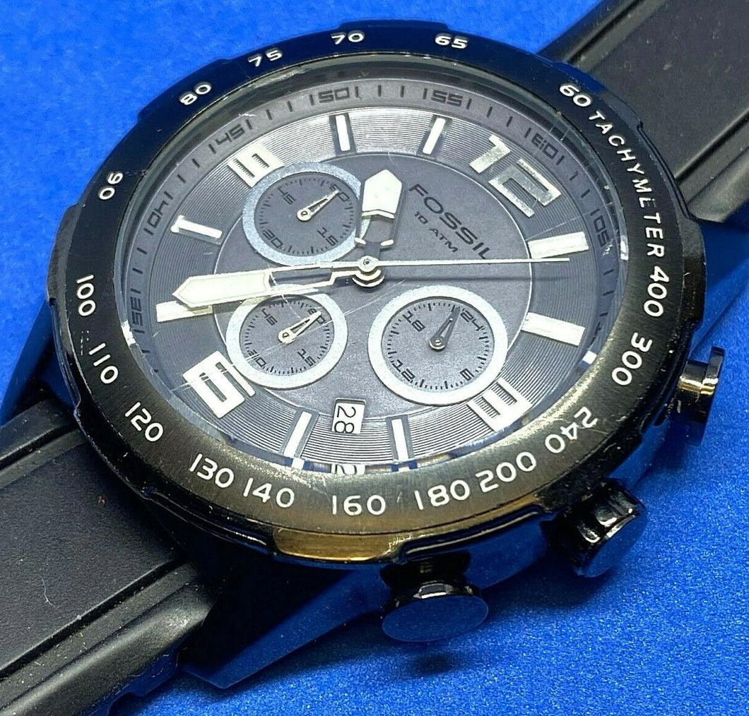 Fossil CH2531 Men 100m Black Steel Analog Quartz Chronograph Watch Hour~New Batt