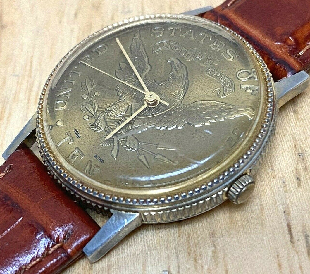 Vintage USA Eagle Coin Style Dial Men Gold Tone Hand-Wind Mechanical Watch Hours