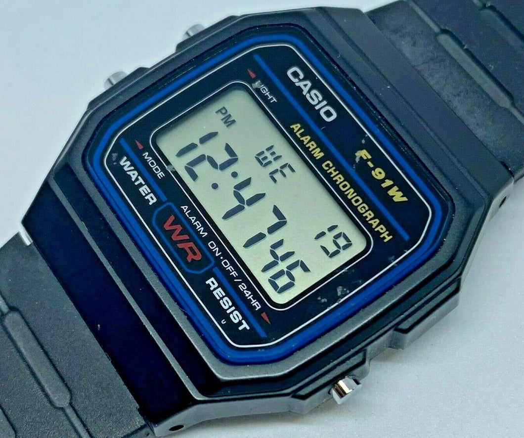 Casio F-91W Mens Black LCD Digital Alarm Chrono Quartz Watch Hours~New Battery