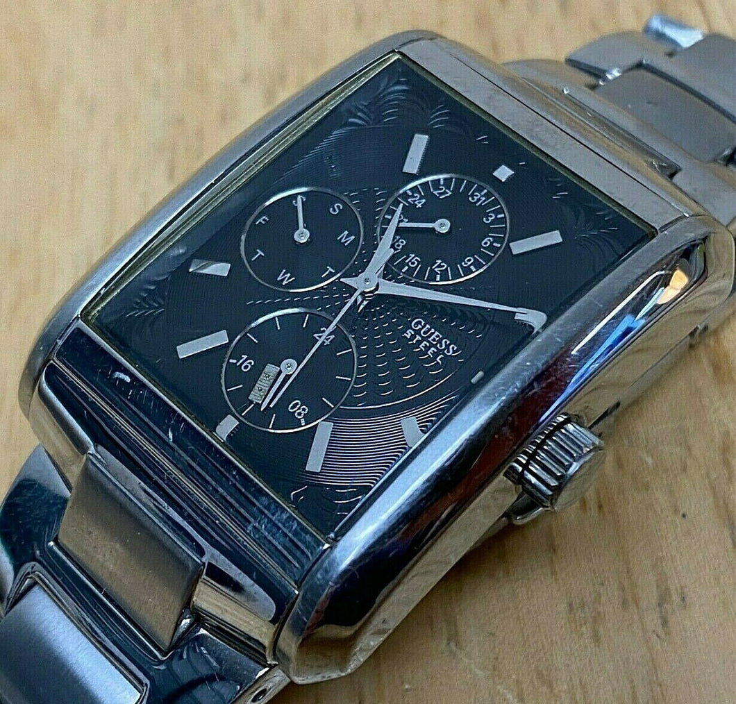 GUESS Steel Men Silver Black Rectangle Analog Quartz Watch Hour~Day Date~New Bat