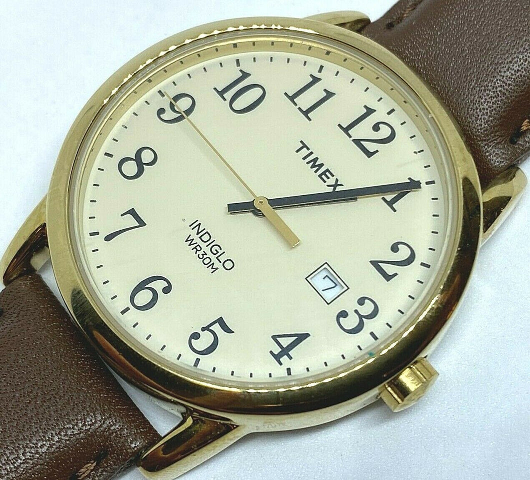Timex Indiglo Men 30m Gold Tone Leather Analog Quartz Watch Hour~Date~New Batter
