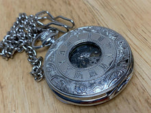 Load image into Gallery viewer, Nice Winner Mens Silver Half Hunter Roman Skeleton Hand-Wind Pocket Watch Hours
