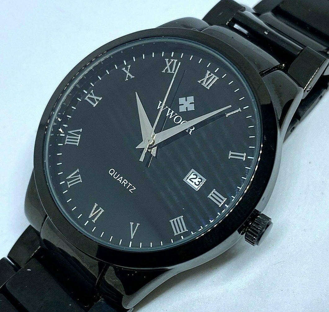 Unused WWOOR Men All Black Roman Dial Analog Quartz Watch Hours~Date~New Battery