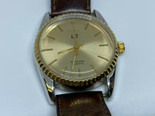 Load image into Gallery viewer, Vintage LT Men Dual Tone Fluted Bezel Leather Analog Quartz Watch Hours~New Batt

