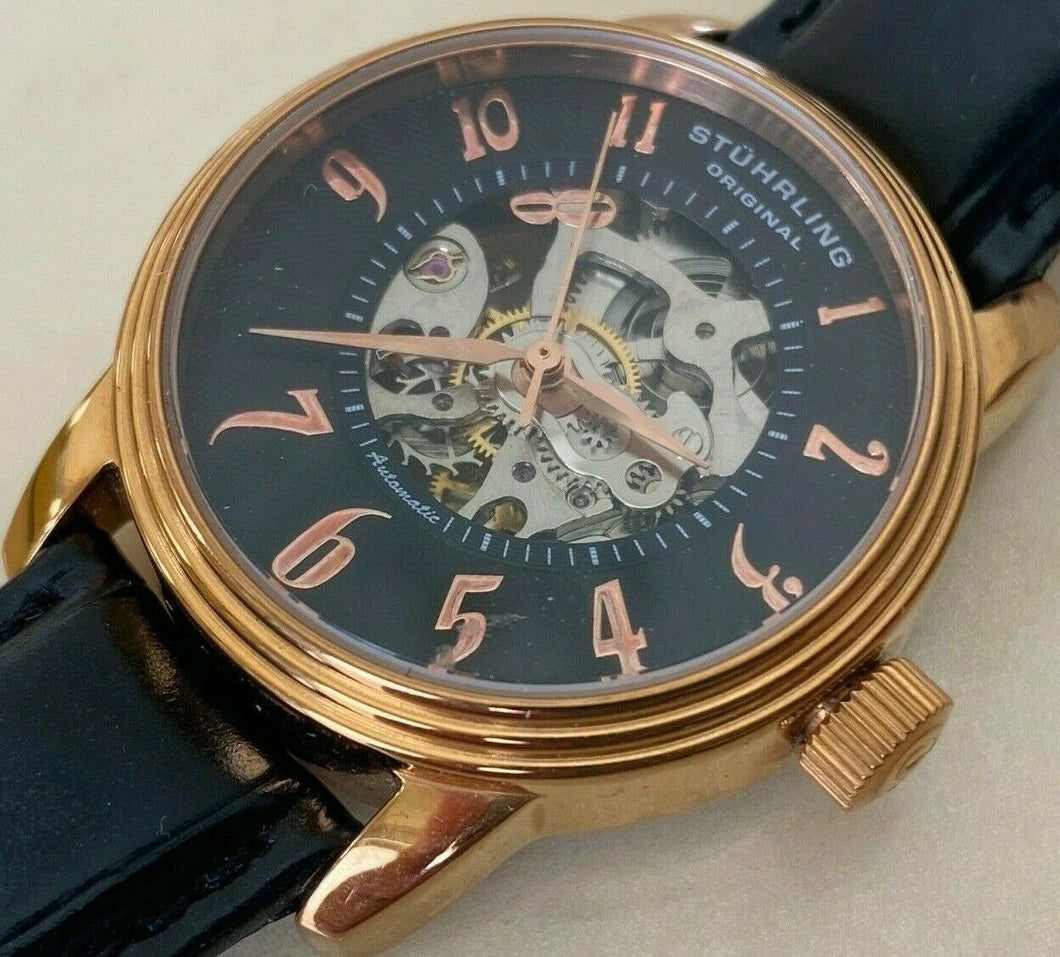 Stuhrling Men Lady 20 Jewels Skeleton Gold Tone Self-Wind Automatic Watch Hours
