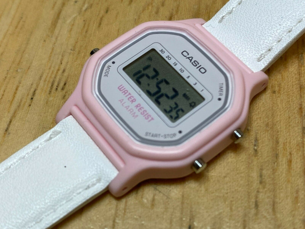 Casio LA-11W Lady Pink White Leather Digital Alarm Chrono Watch Hour~New Battery