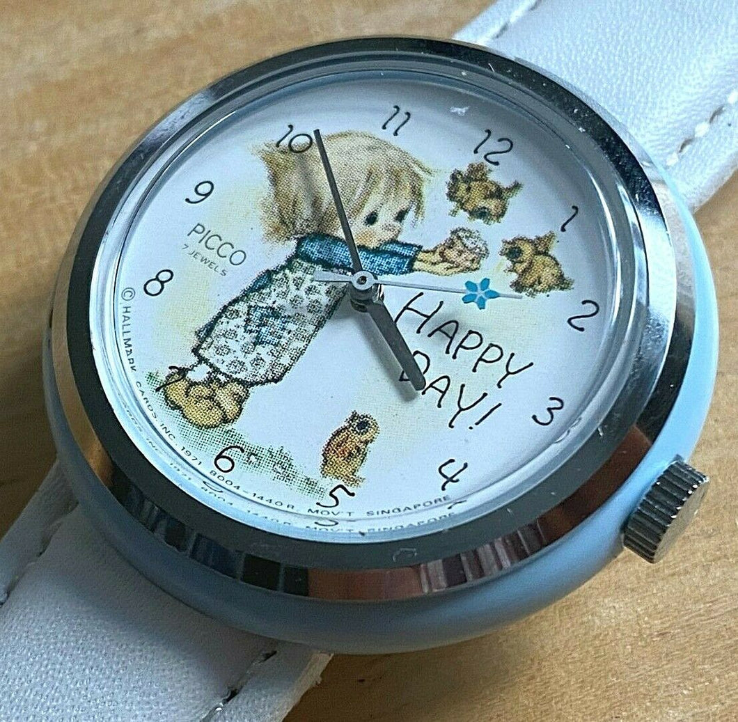 Vintage PICCO Hallmark Happy Day 7 Jewels Blue  Hand-Wind Mechanical Watch Hours