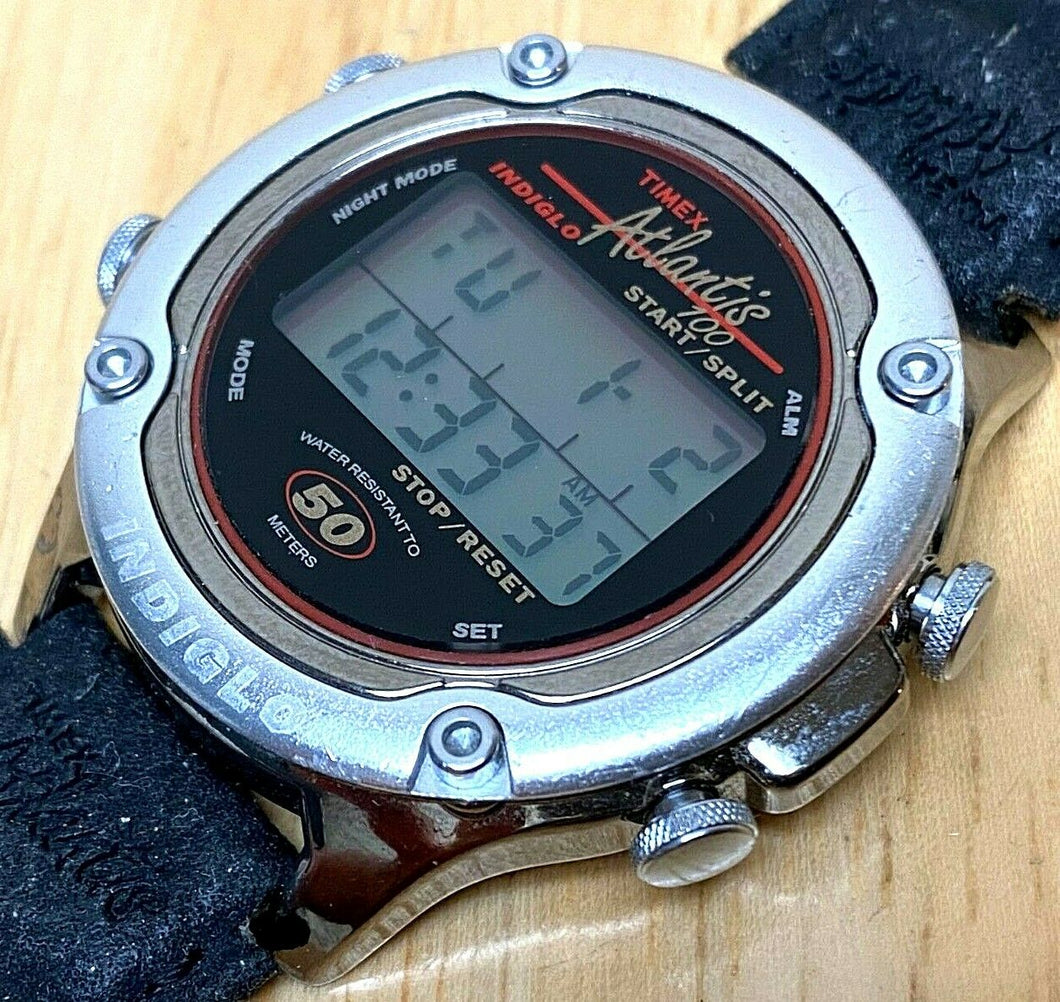 Vintage Timex Atlantis Indiglo Men 100m Digital Alarm Chrono Watch Hour~New Batt