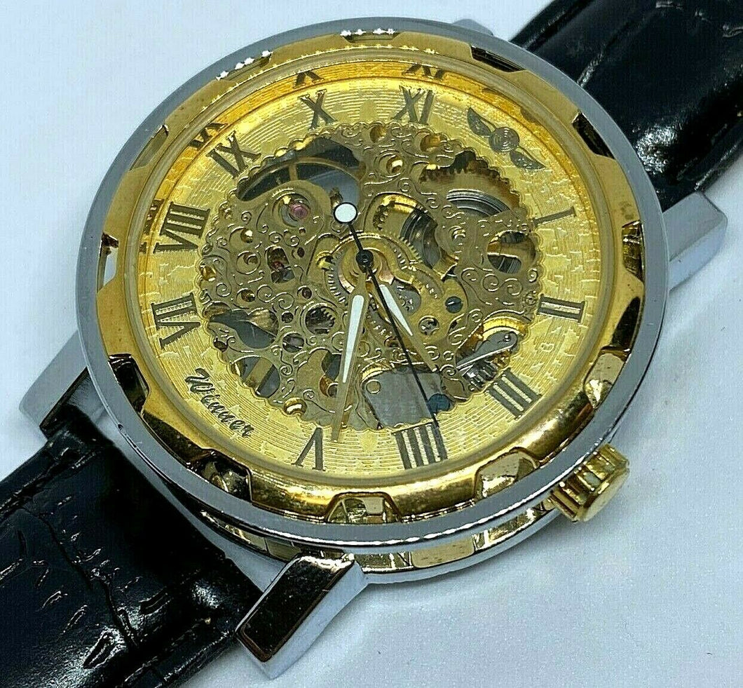 Winner Mens Dual Tone Skeleton Roman Hand-Wind Mechanical Analog Watch Hours