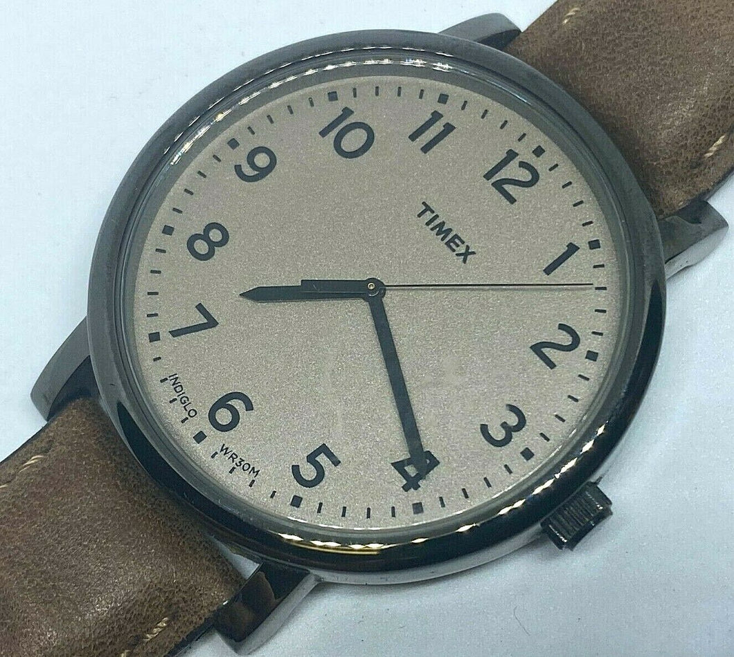 Timex Indiglo Mens 30m Black Brown Leather Analog Quartz Watch Hours~New Battery