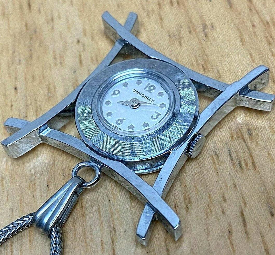 Nice Vintage Caravelle-Bulova Lady Silver Hand-Wind Pendant Pocket Watch Hours