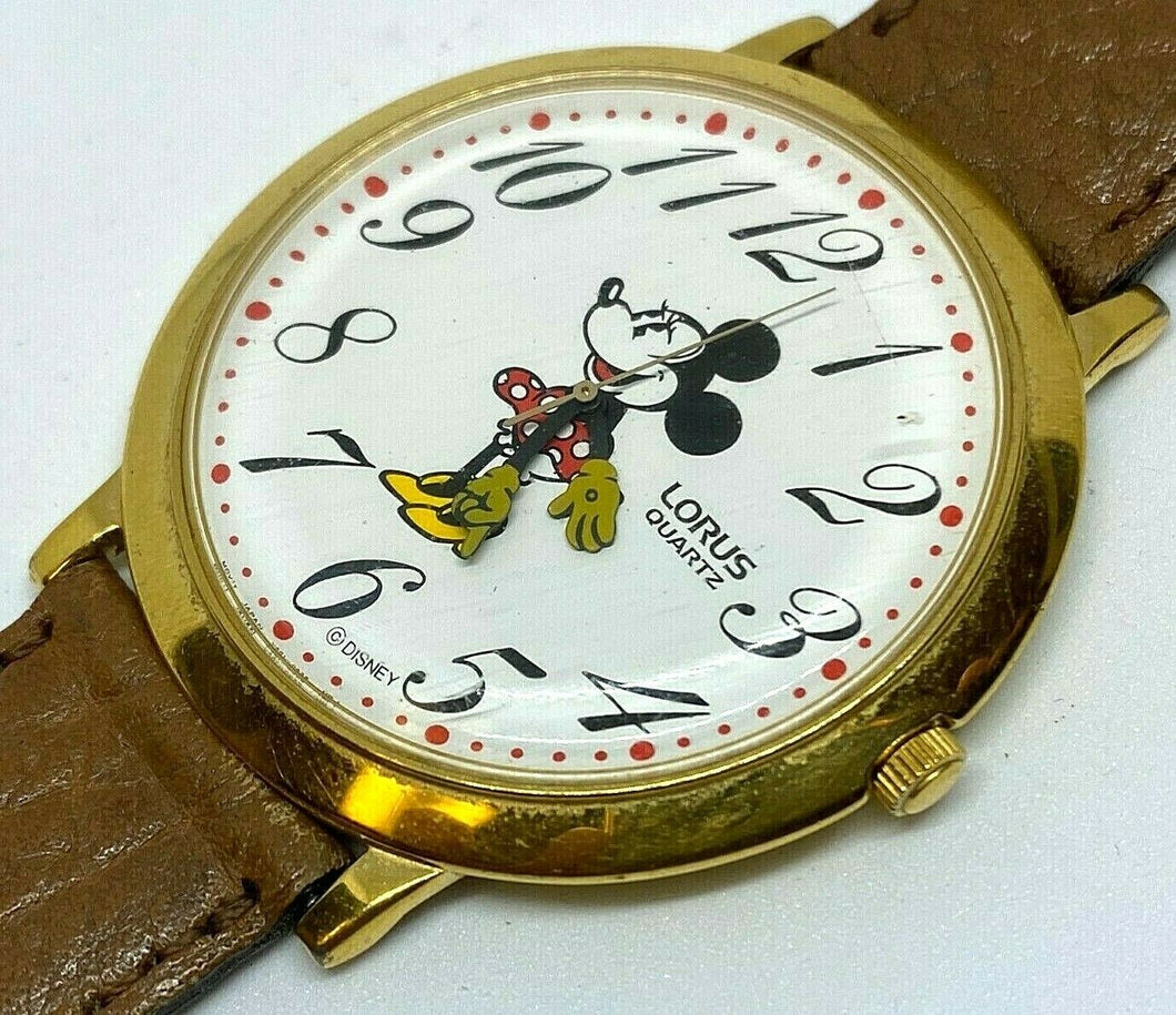 Vintage Lorus V501 Disney Mickey Large Gold Tone Quartz Watch Hours~New Battery