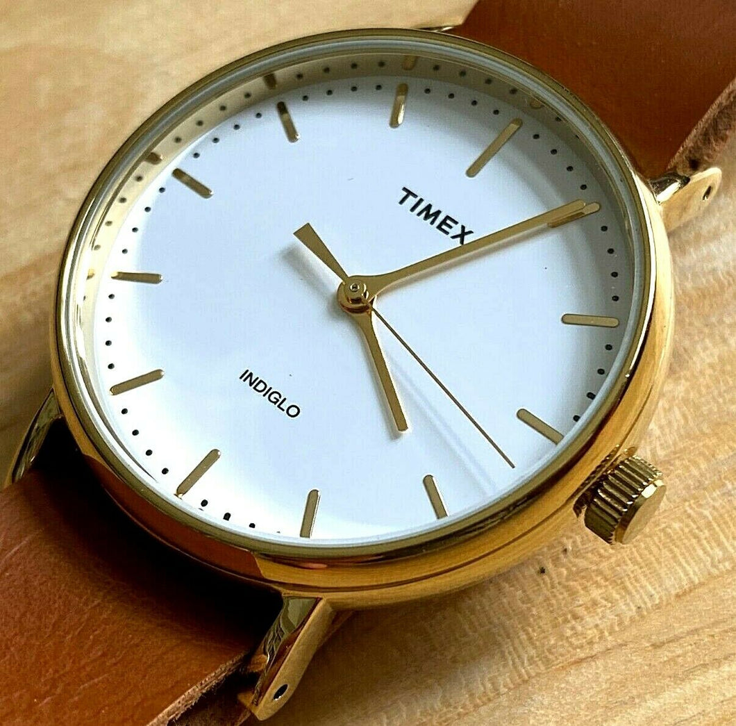 Timex Indiglo 30m Rose Gold White Dial Leather Analog Quartz Watch Hour~New Batt