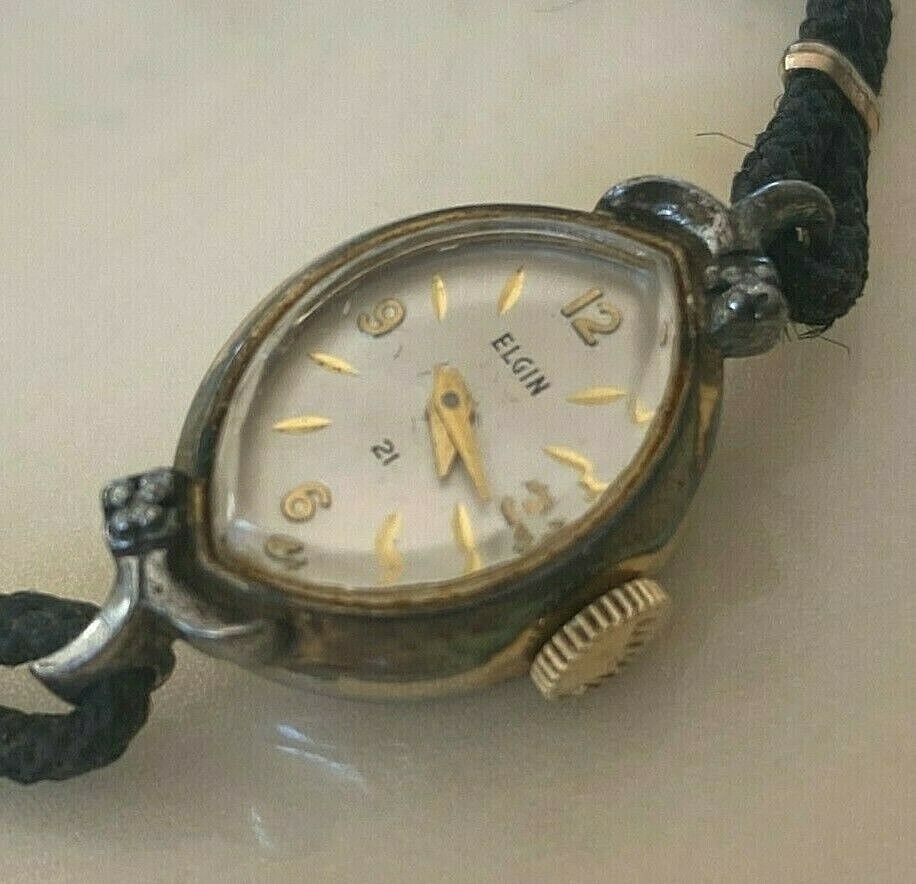 Vintage Elgin Lady 10k RGP Sterling Lug Diamonds Hand-Wind Mechanical Watch Hour