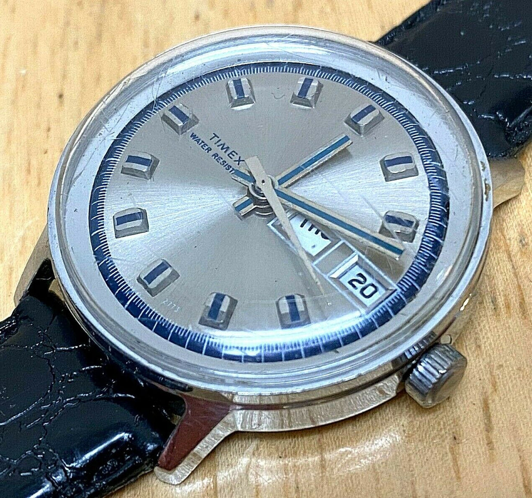 Vintage 1973 Timex Marlin Mens Silver Hand-Wind Mechanical Watch Hours~Day Date