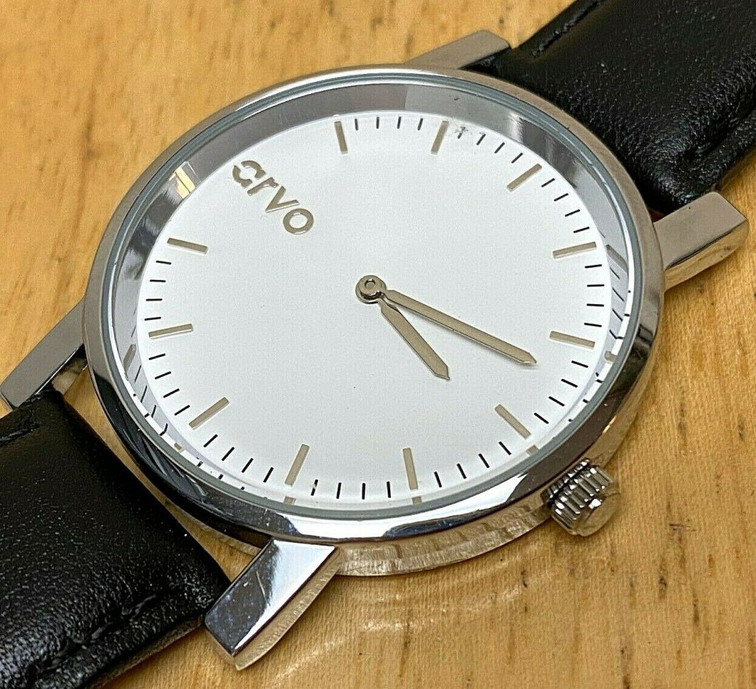 ARVO Mens Japan Movt Silver White Leather Analog Quartz Watch Hours~New Battery