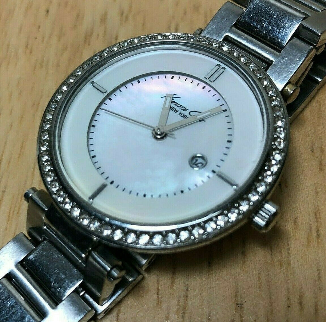 Kenneth Cole Lady Silver Rhinestone MOP Analog Quartz Watch Hour~Date~New Batter