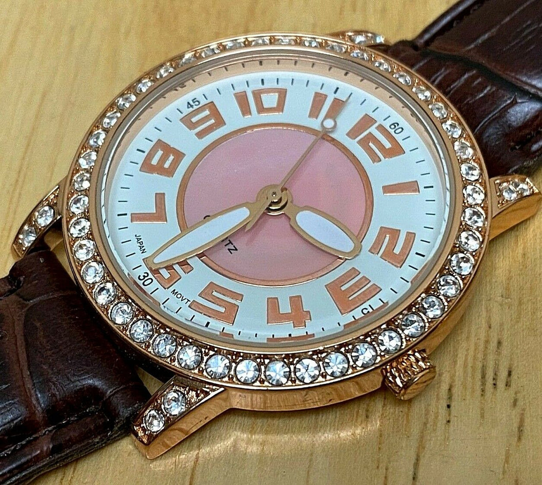Japan Movt Men Leather Gold Tone Rhinestone Analog Quartz Watch Hour~New Battery