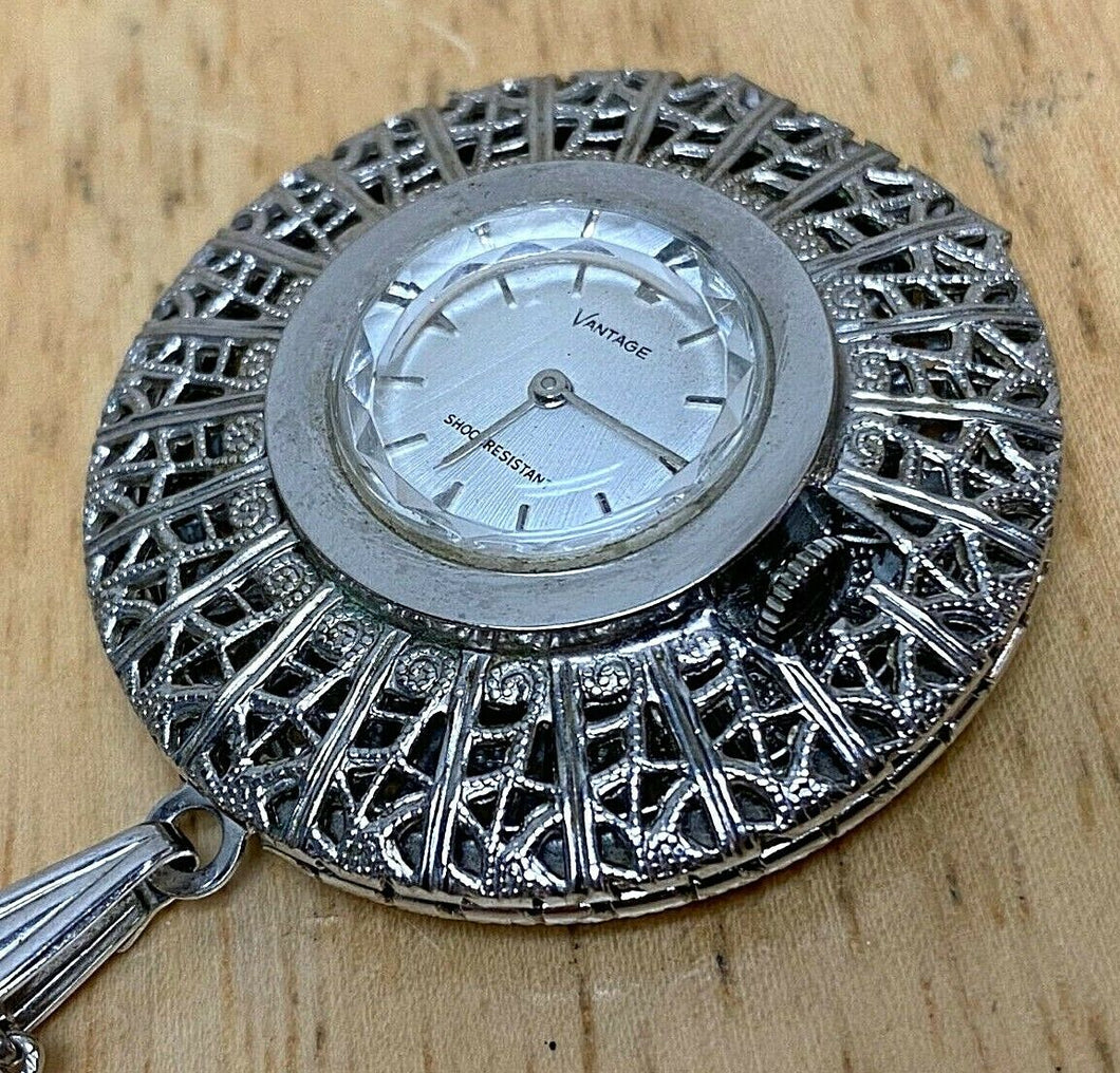 Vintage Vantage Lady Silver Fancy Case Hand-Wind Pendant Pocket Watch Hours