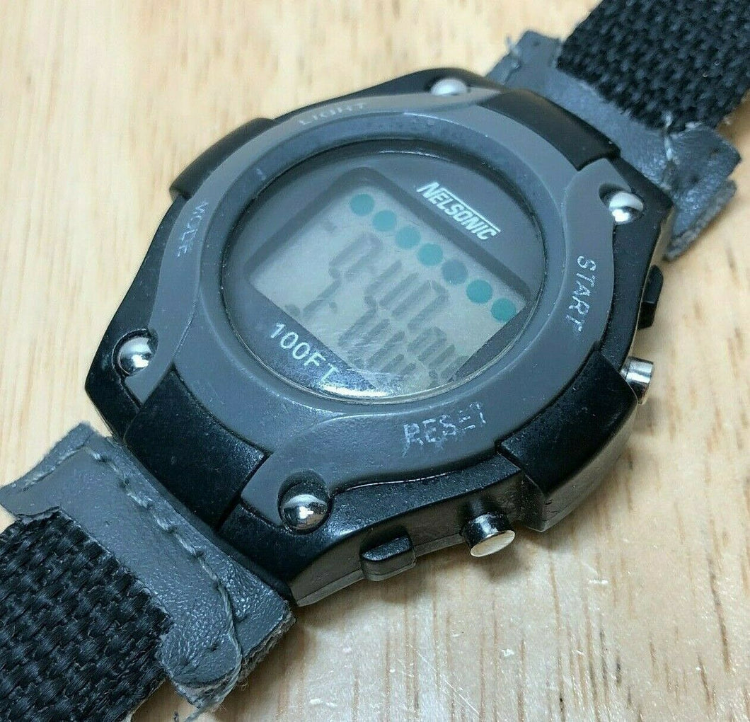 Vintage Nelsonic Men 30m Fabric LCD Digital Alarm Chrono Watch Hours~New Battery