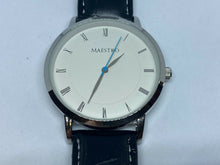 Load image into Gallery viewer, Unused MAESTRO Men Silver White Roman Leather Analog Quartz Watch Hours~New Batt
