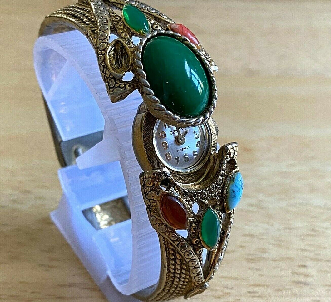 Vintage Desire Lady 17 Jewel  Stones Cuff Bangle Hand-Wind Mechanical Watch Hour