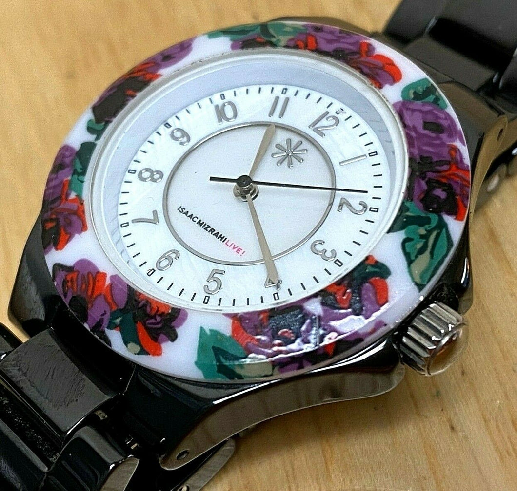 Isaac Mizrahi Lady 30m Ceramic Flower Bezel Analog Quartz Watch Hours~New Batter