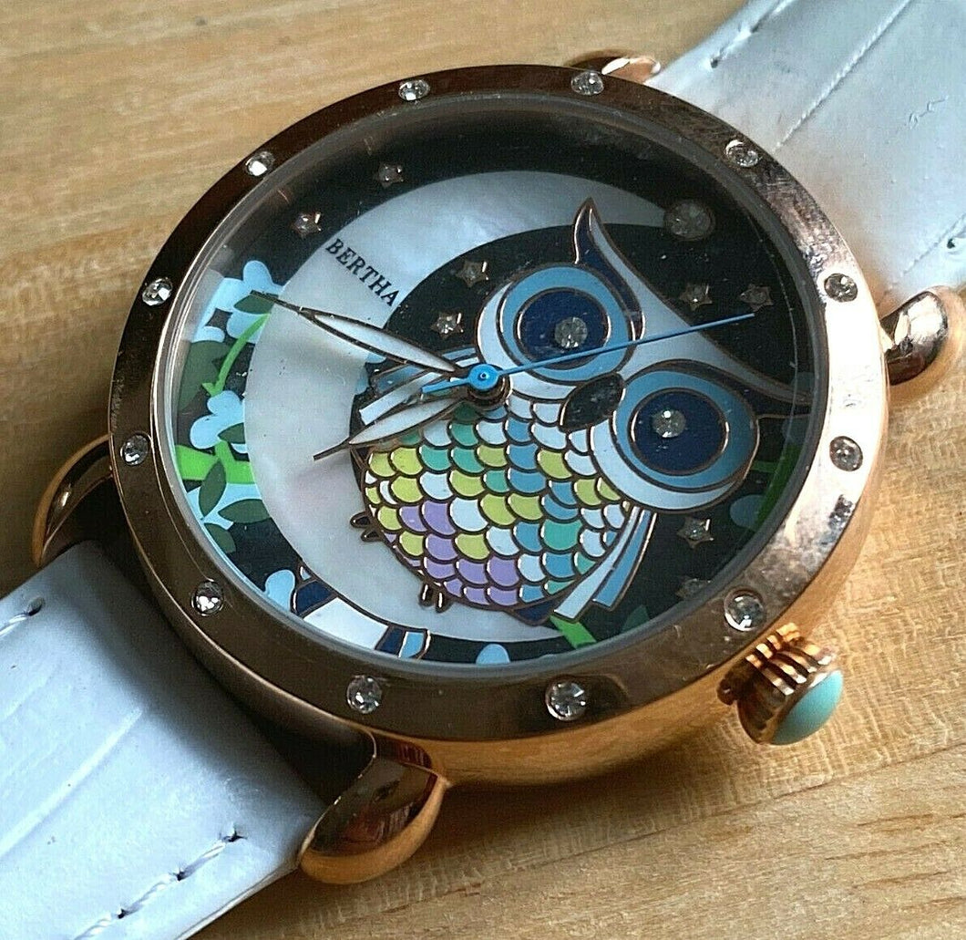 Bertha Lady Rose Gold Rhinestone Owl Dial Analog Quartz Watch Hours~New Battery