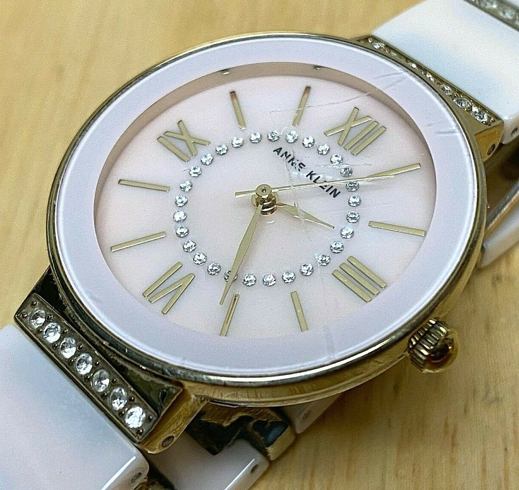 Anne Klein AK/2832 Lady Pink Ceramic Gold Tone Analog Quartz Watch Hour~New Batt