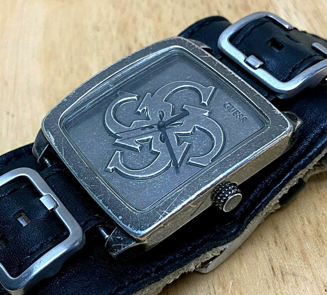 GUESS Mens Bund Band Antique-Silver-Finish Analog Quartz Watch Hours~New Battery