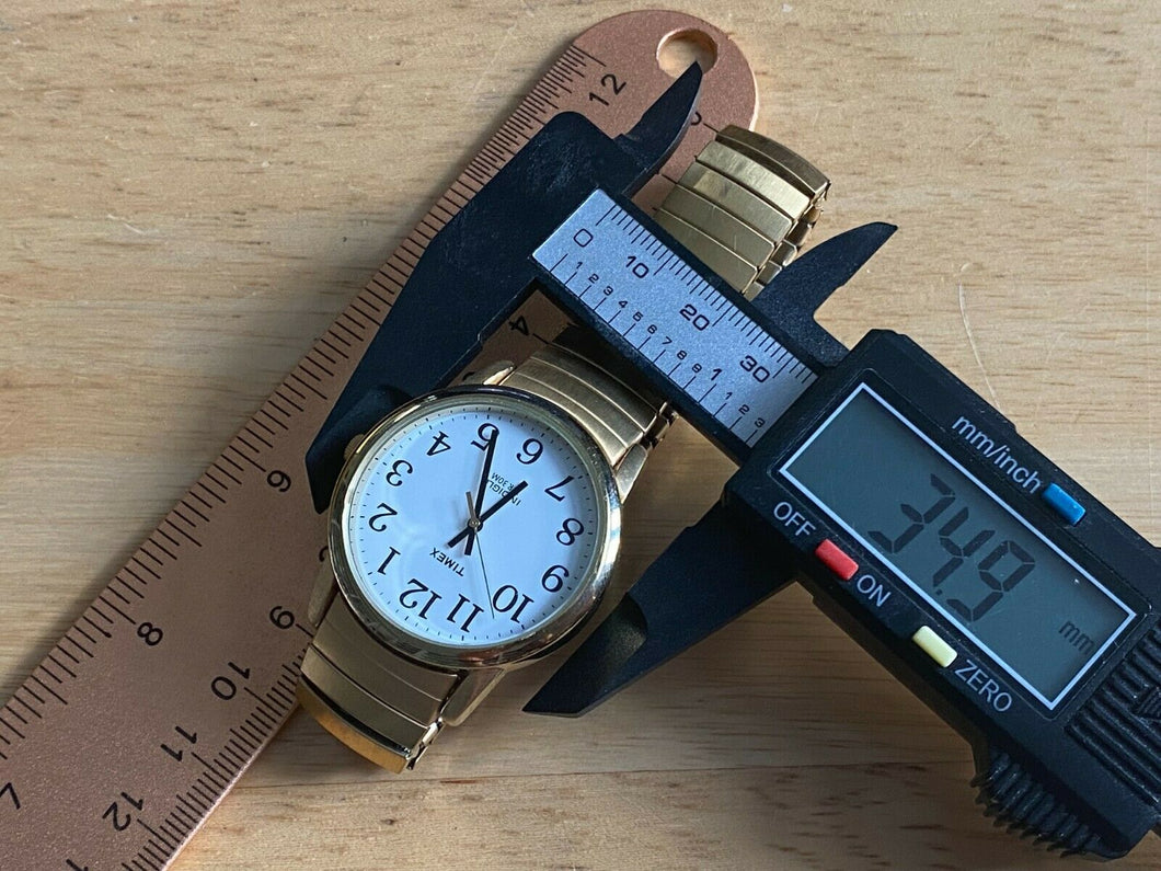Timex Indiglo Mens 30m Gold-White Stretch Analog Quartz Watch Hours~New Battery