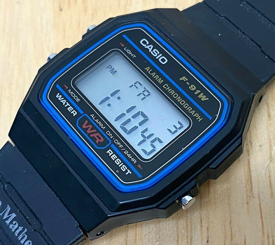 Casio F-91W Mens Black LCD Digital Alarm Chrono Quartz Watch Hours~New Battery